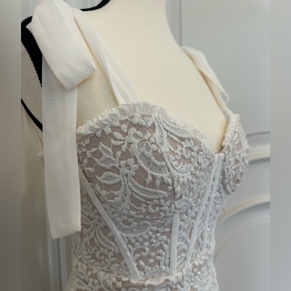 White Sparkly Lace Corset Wedding Dress with Sweetheart Neckline & Lace Up Back - Picture 8 of 14